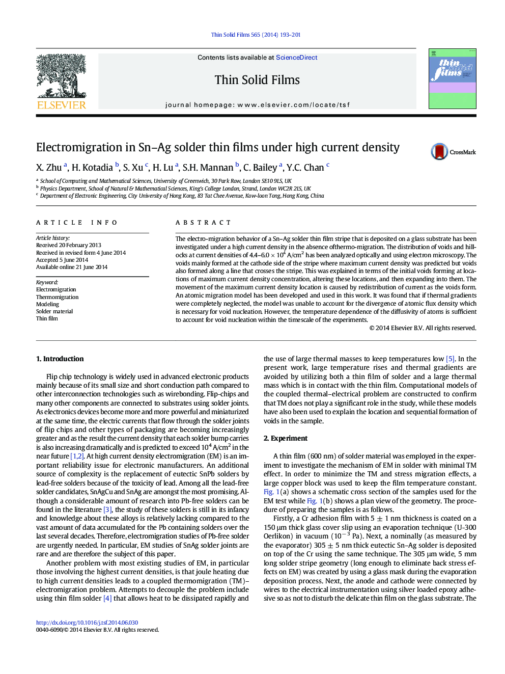 Electromigration in Sn–Ag solder thin films under high current density