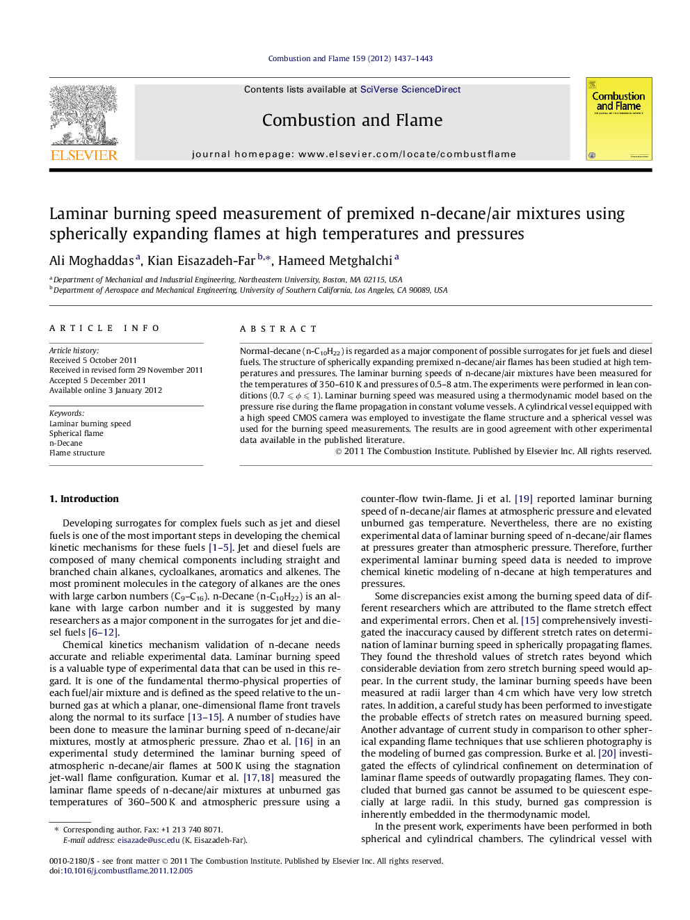 Laminar burning speed measurement of premixed n-decane/air mixtures using spherically expanding flames at high temperatures and pressures