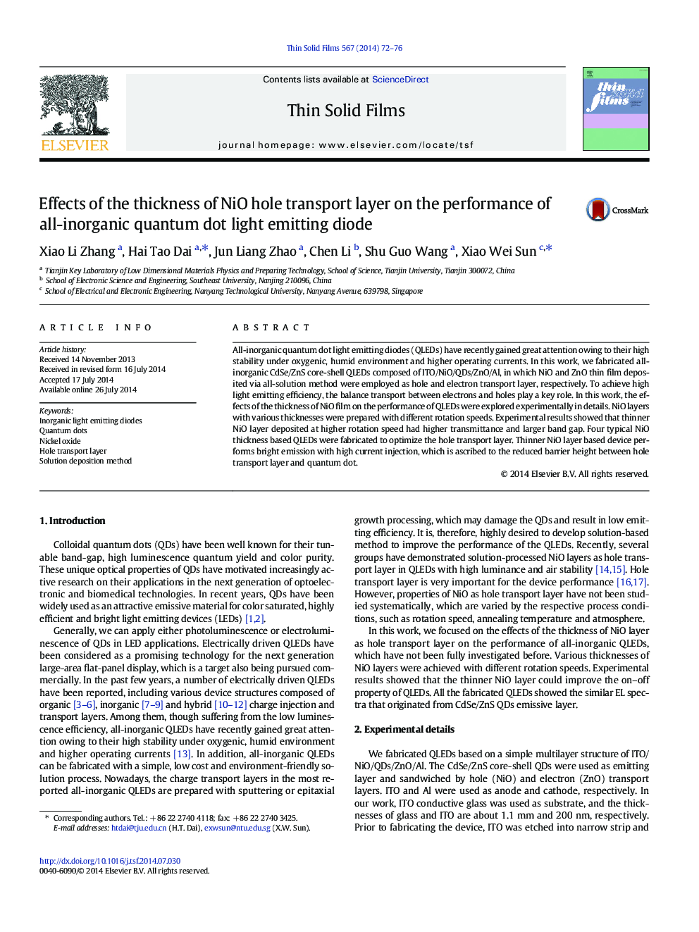 Effects of the thickness of NiO hole transport layer on the performance of all-inorganic quantum dot light emitting diode