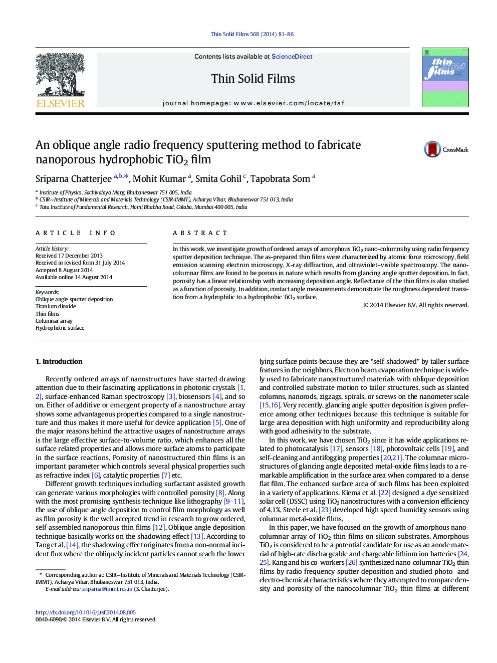 عکس صفحه اول مقاله: An oblique angle radio frequency sputtering method to fabricate nanoporous hydrophobic TiO2 film An oblique angle radio frequency sputtering method to fabricate nanoporous hydrophobic TiO2 film
