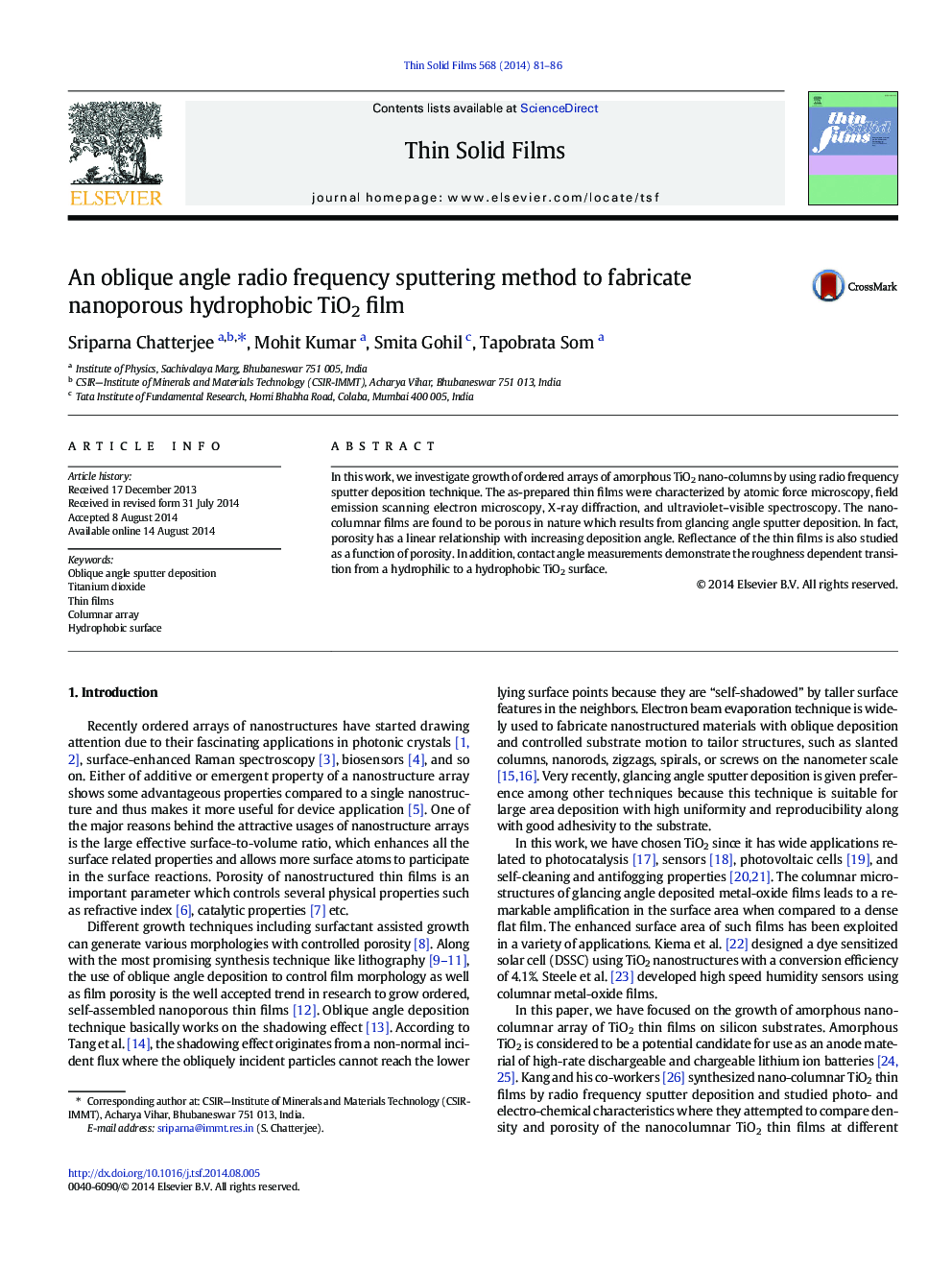 An oblique angle radio frequency sputtering method to fabricate nanoporous hydrophobic TiO2 film