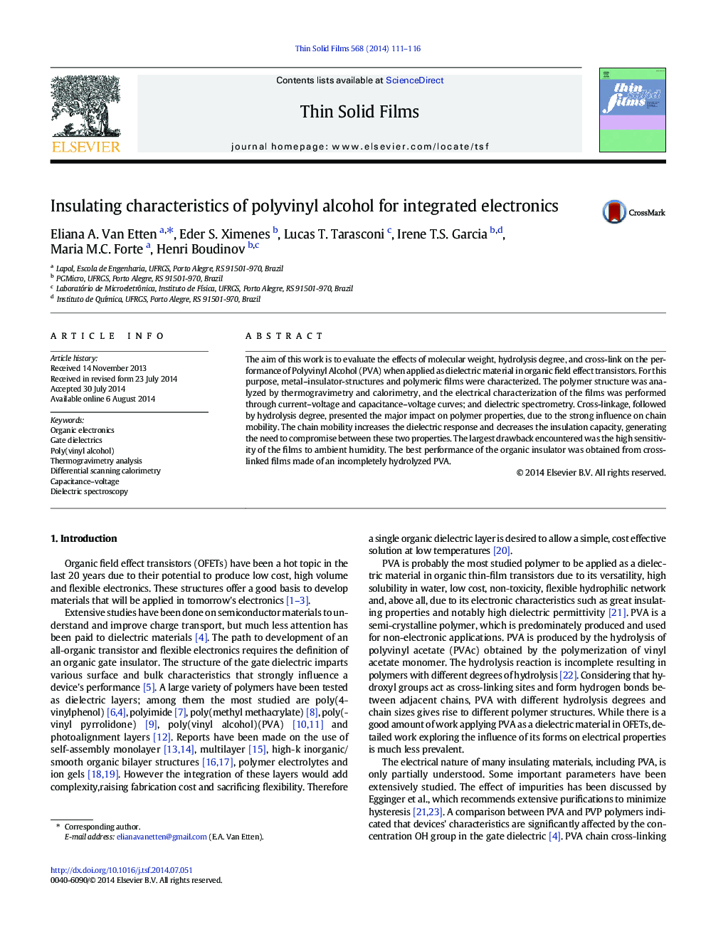 Insulating characteristics of polyvinyl alcohol for integrated electronics