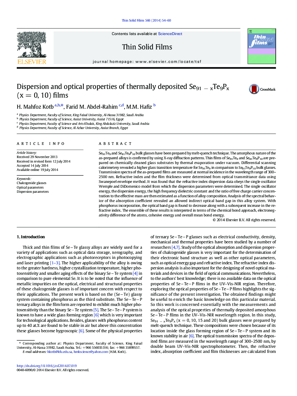 Dispersion and optical properties of thermally deposited Se91Â âÂ xTe9Px (xÂ =Â 0, 10) films