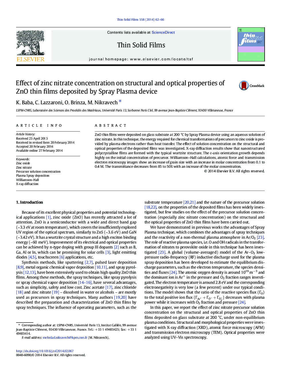 Effect of zinc nitrate concentration on structural and optical properties of ZnO thin films deposited by Spray Plasma device