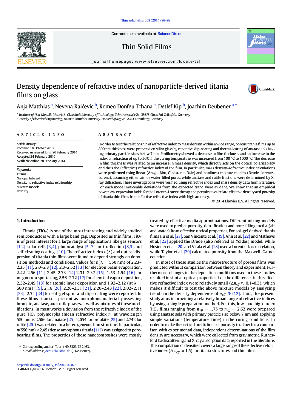 Density dependence of refractive index of nanoparticle-derived titania films on glass