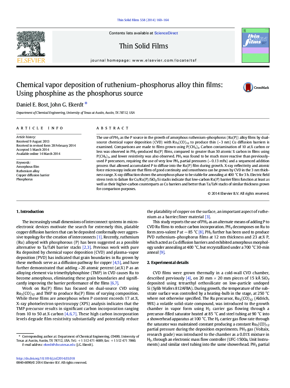 Chemical vapor deposition of ruthenium–phosphorus alloy thin films: Using phosphine as the phosphorus source