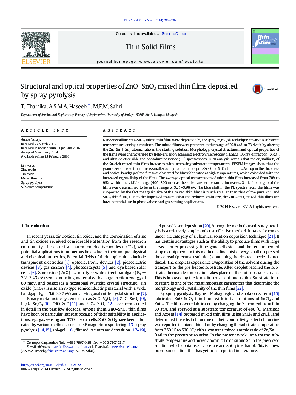 Structural and optical properties of ZnO–SnO2 mixed thin films deposited by spray pyrolysis