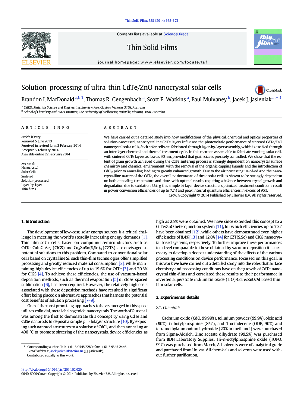 Solution-processing of ultra-thin CdTe/ZnO nanocrystal solar cells