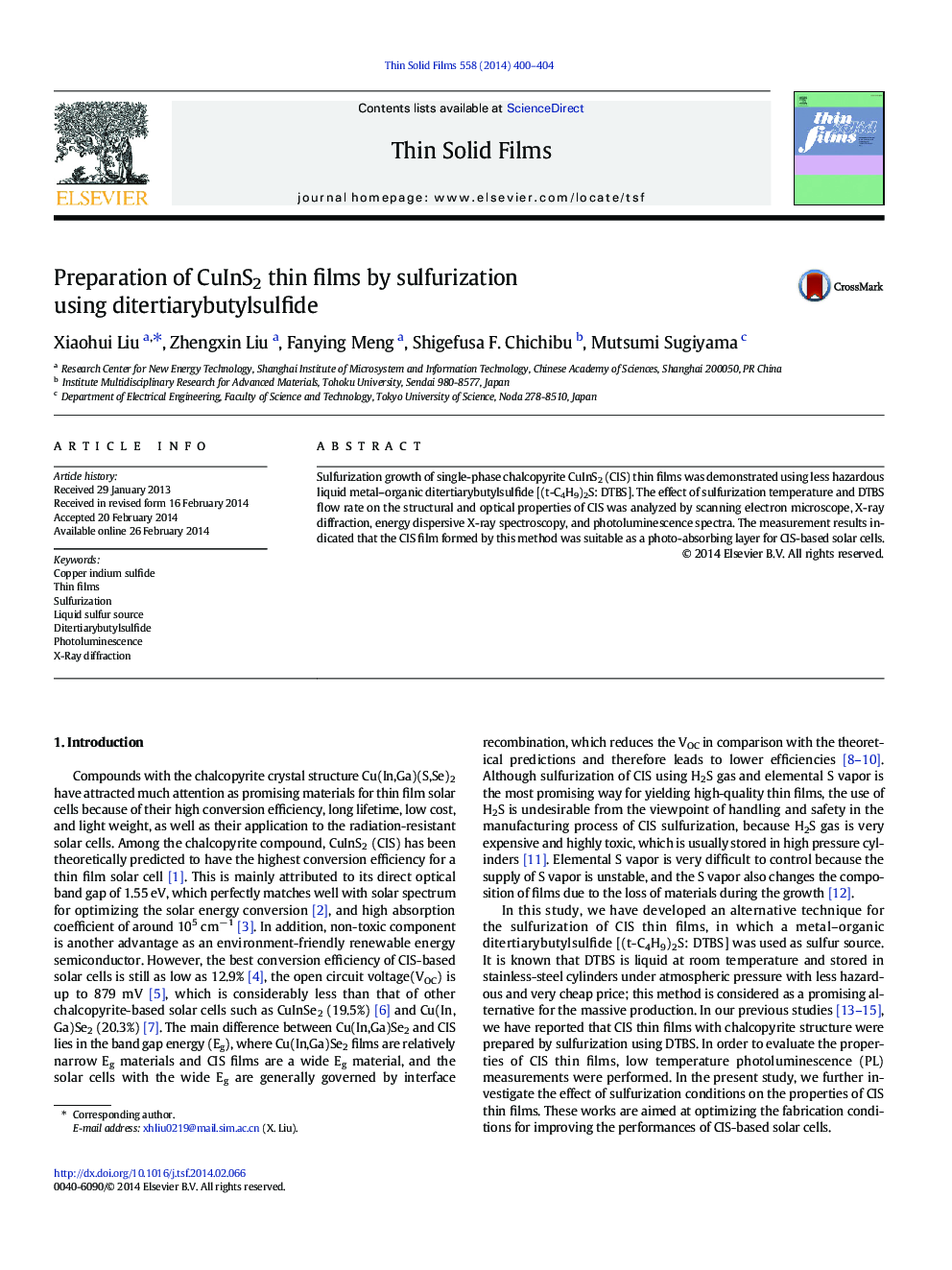 Preparation of CuInS2 thin films by sulfurization using ditertiarybutylsulfide