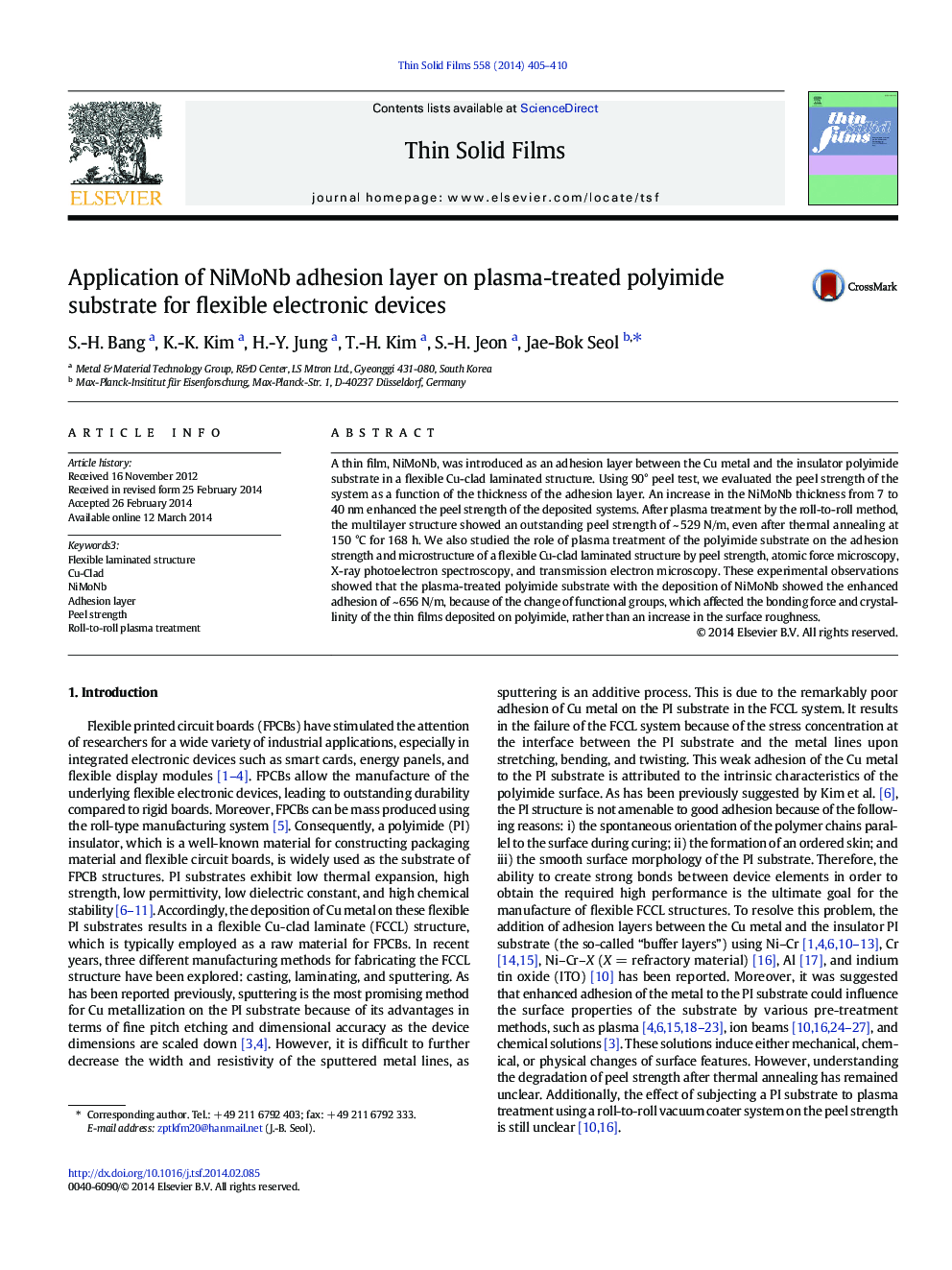 Application of NiMoNb adhesion layer on plasma-treated polyimide substrate for flexible electronic devices