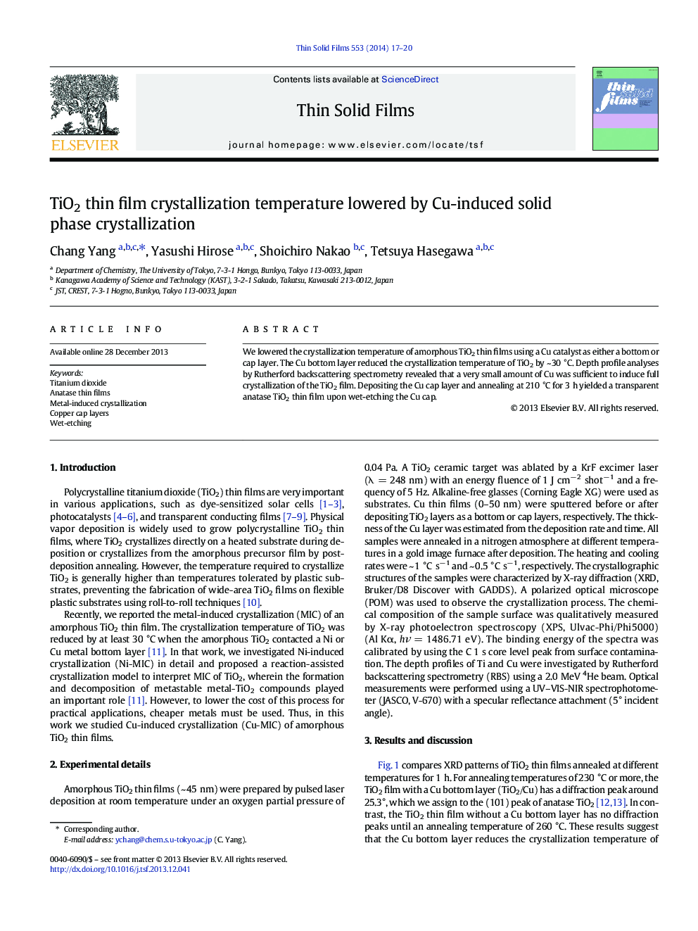 TiO2 thin film crystallization temperature lowered by Cu-induced solid phase crystallization