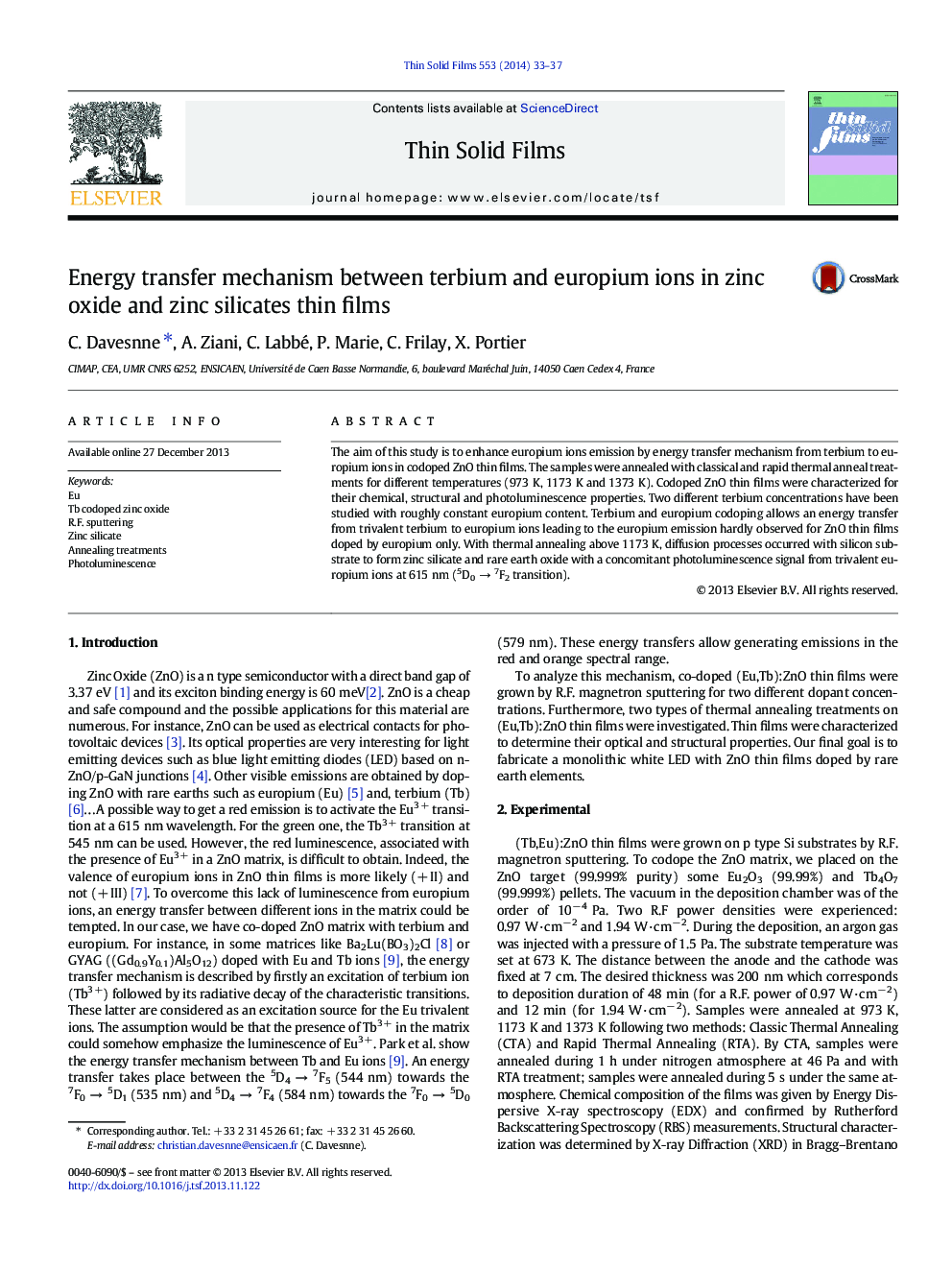 Energy transfer mechanism between terbium and europium ions in zinc oxide and zinc silicates thin films