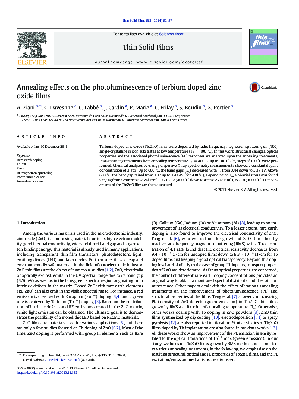 Annealing effects on the photoluminescence of terbium doped zinc oxide films