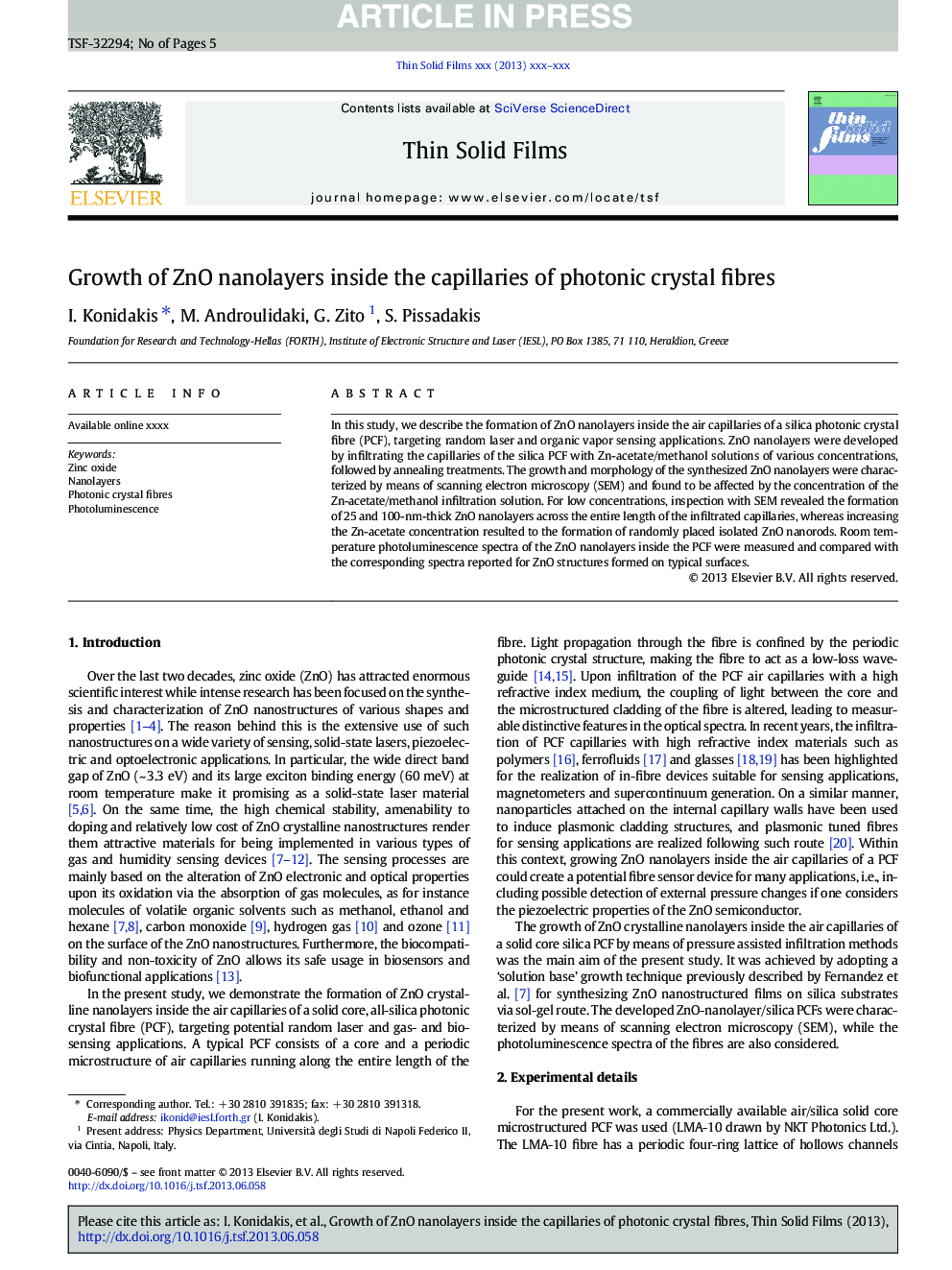 Growth of ZnO nanolayers inside the capillaries of photonic crystal fibres