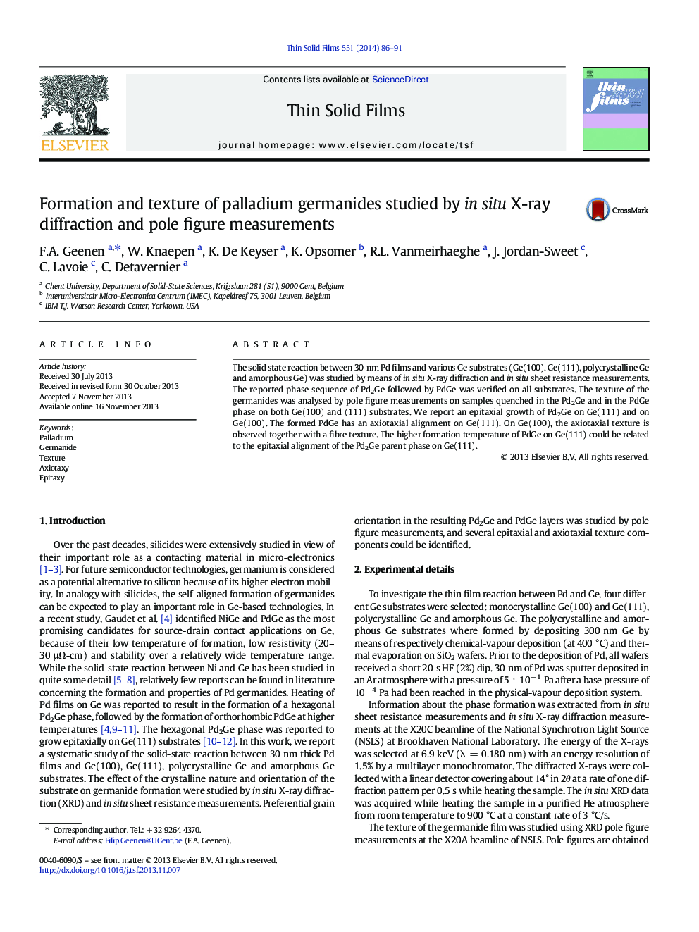 Formation and texture of palladium germanides studied by in situ X-ray diffraction and pole figure measurements