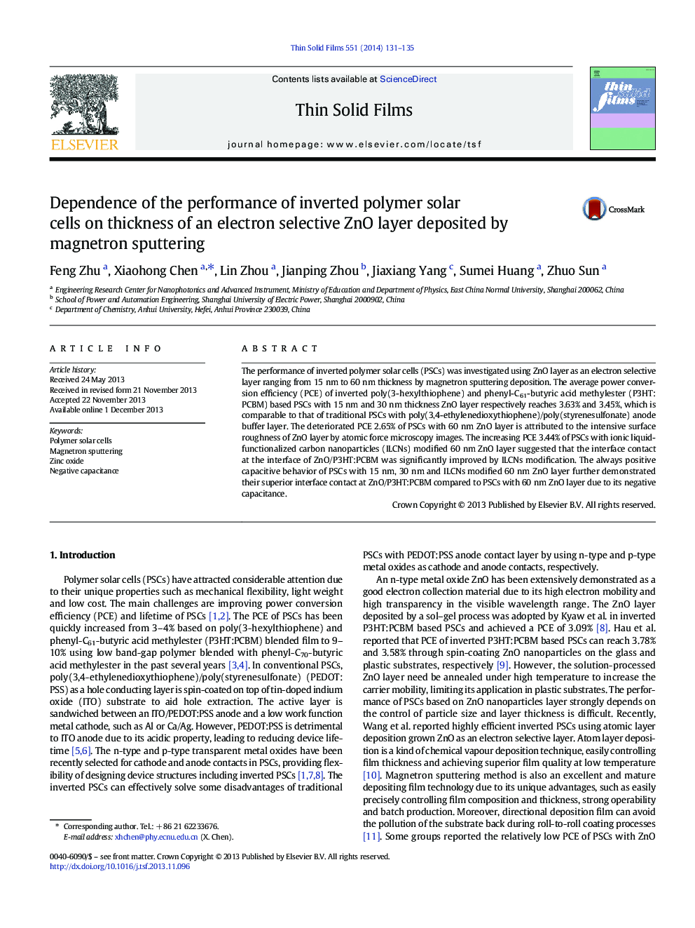 Dependence of the performance of inverted polymer solar cells on thickness of an electron selective ZnO layer deposited by magnetron sputtering