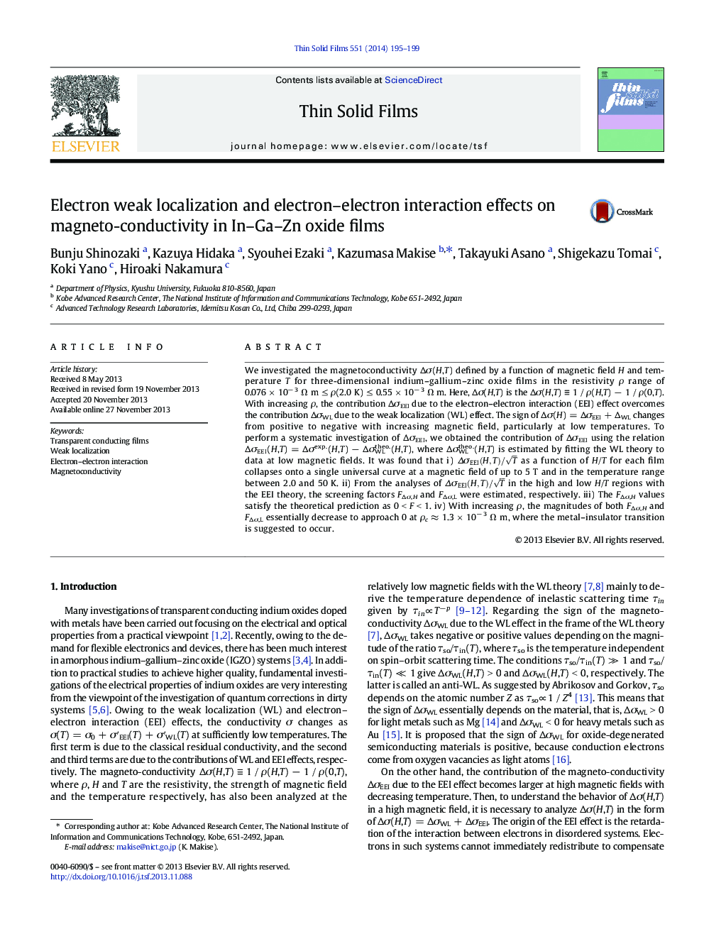 Electron weak localization and electron–electron interaction effects on magneto-conductivity in In–Ga–Zn oxide films