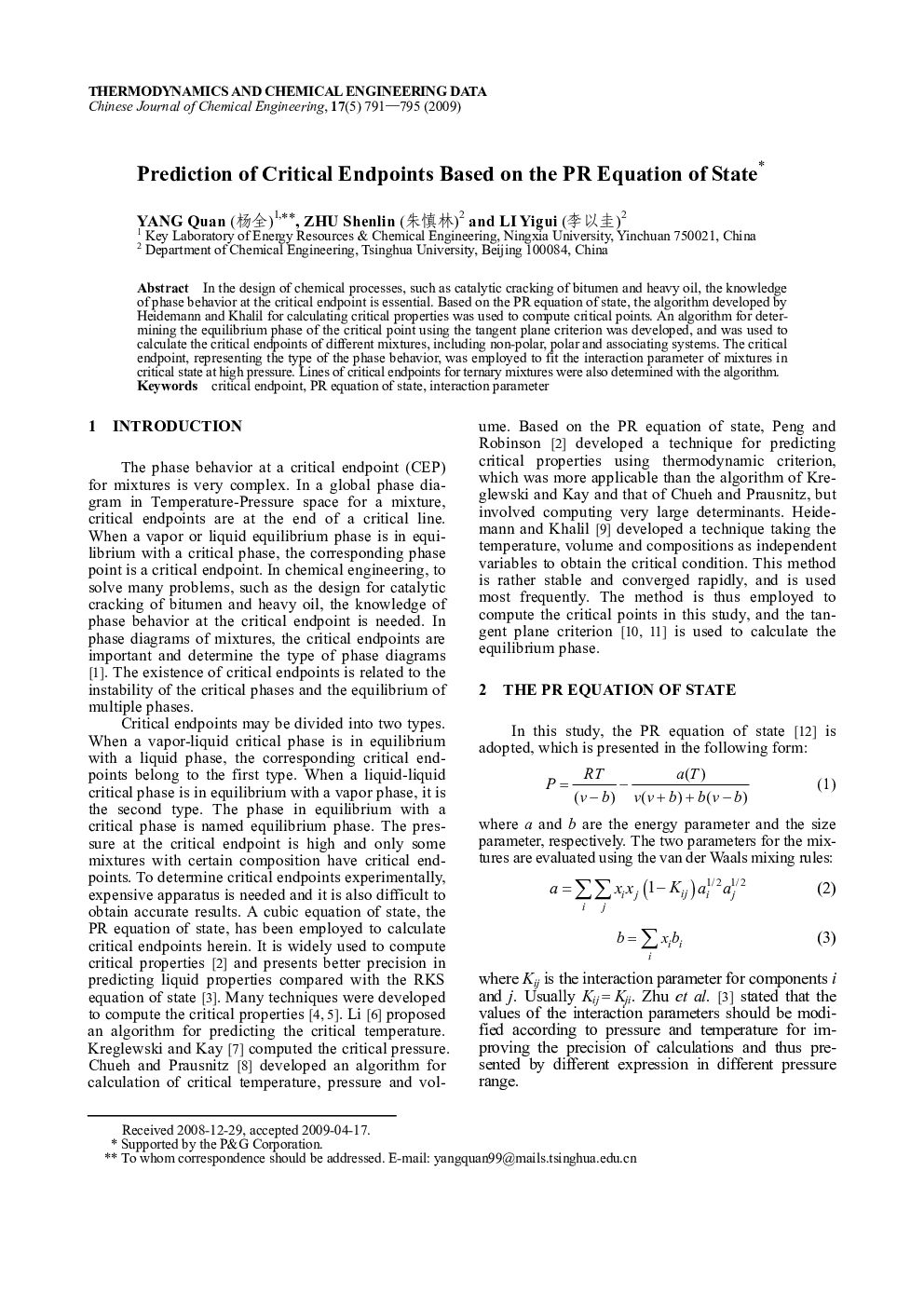 عکس صفحه اول مقاله: Prediction of Critical Endpoints Based on the PR Equation of State Prediction of Critical Endpoints Based on the PR Equation of State