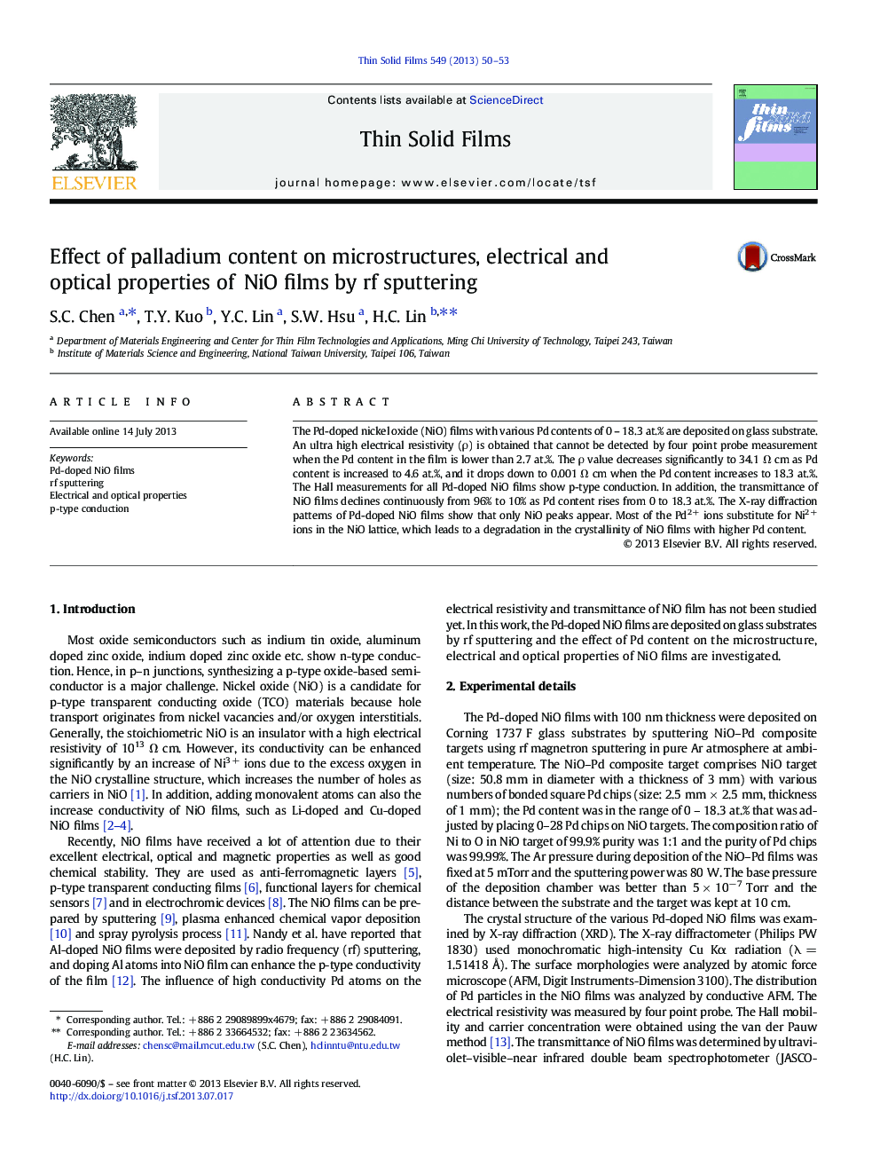 Effect of palladium content on microstructures, electrical and optical properties of NiO films by rf sputtering