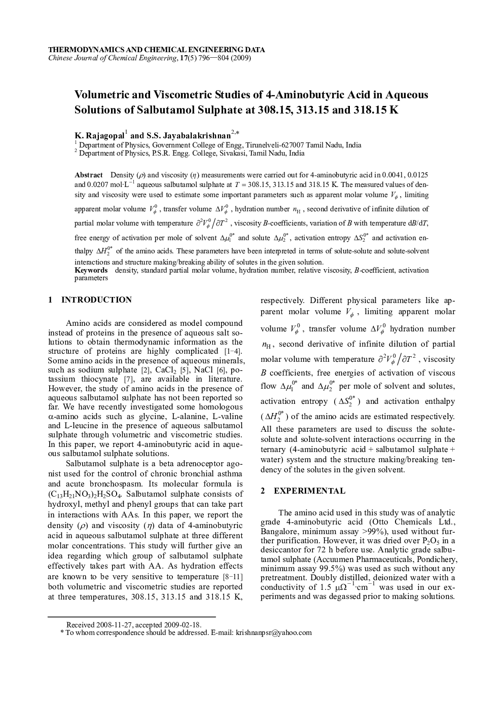 عکس صفحه اول مقاله: Volumetric and Viscometric Studies of 4-Aminobutyric Acid in Aqueous Solutions of Salbutamol Sulphate at 308.15, 313.15 and 318.15 K Volumetric and Viscometric Studies of 4-Aminobutyric Acid in Aqueous Solutions of Salbutamol Sulphate at 308.15, 313.15 and 318.15 K
