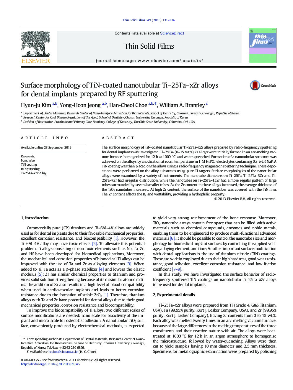 Surface morphology of TiN-coated nanotubular Ti–25Ta–xZr alloys for dental implants prepared by RF sputtering