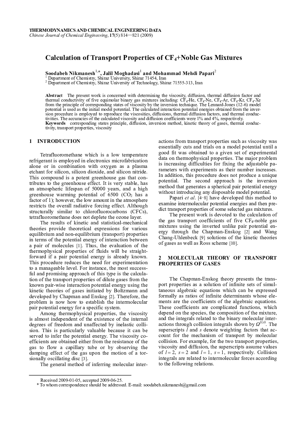 عکس صفحه اول مقاله: Calculation of Transport Properties of CF4+Noble Gas Mixtures Calculation of Transport Properties of CF4+Noble Gas Mixtures