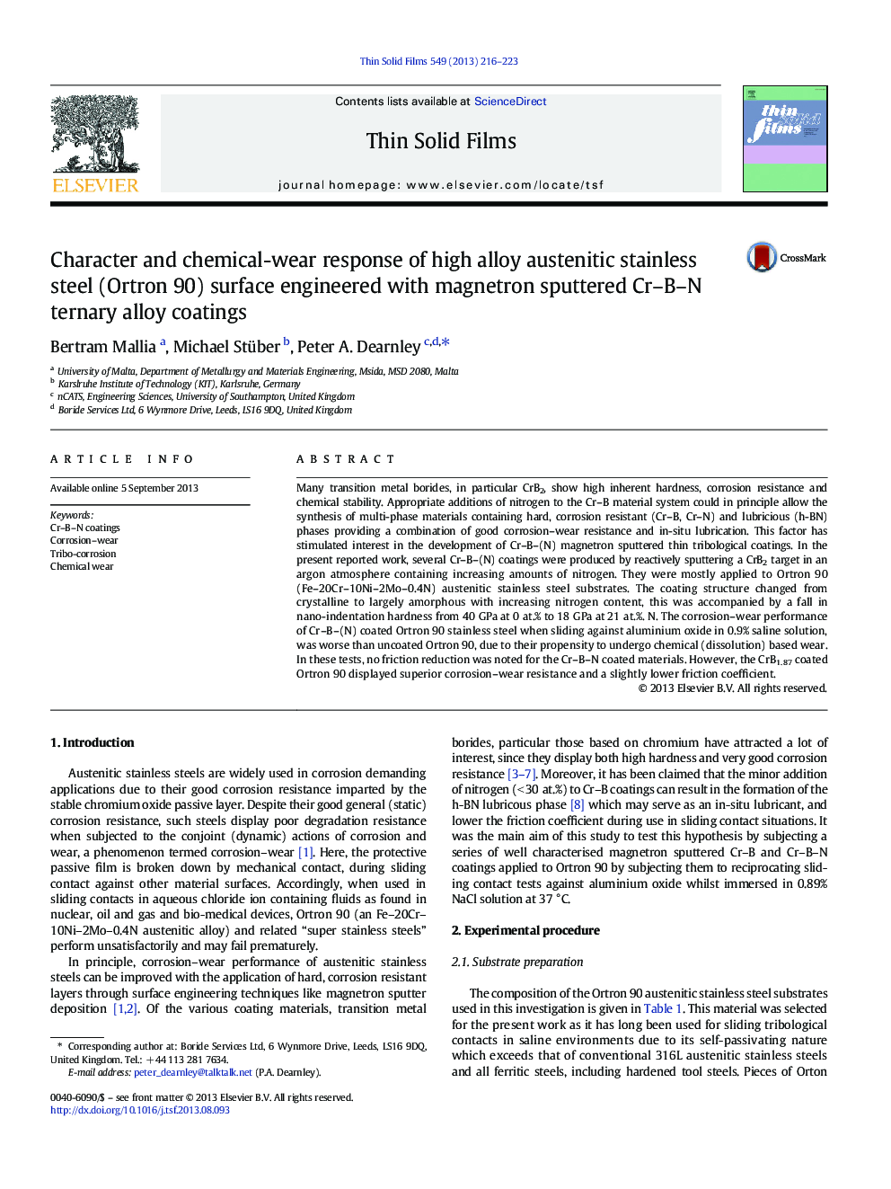 Character and chemical-wear response of high alloy austenitic stainless steel (Ortron 90) surface engineered with magnetron sputtered Cr–B–N ternary alloy coatings