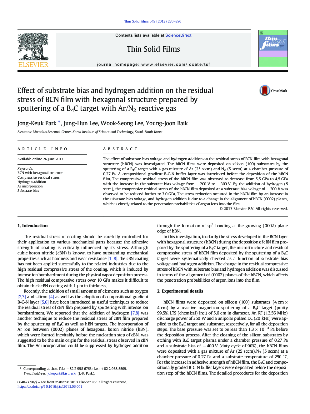 Effect of substrate bias and hydrogen addition on the residual stress of BCN film with hexagonal structure prepared by sputtering of a B4C target with Ar/N2 reactive gas