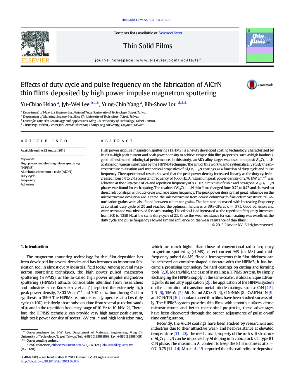 Effects of duty cycle and pulse frequency on the fabrication of AlCrN thin films deposited by high power impulse magnetron sputtering