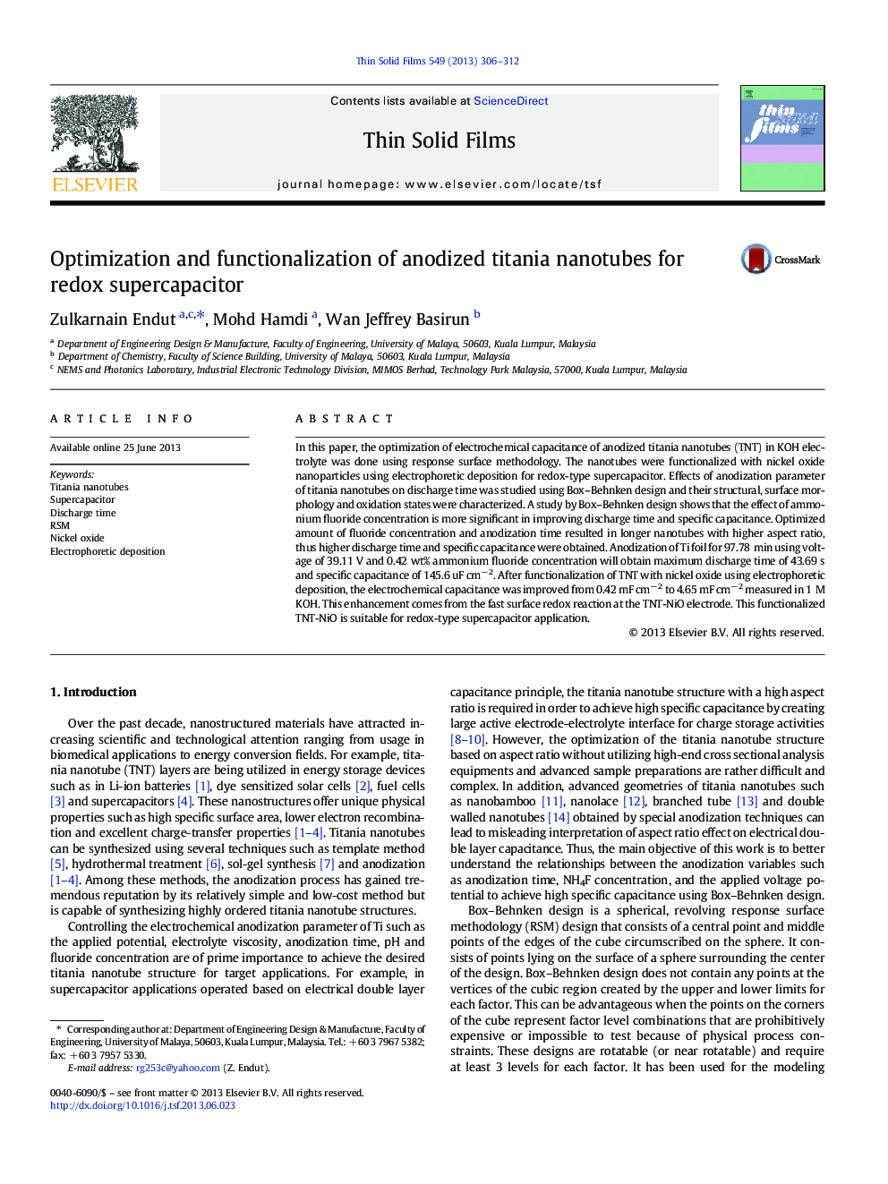 Optimization and functionalization of anodized titania nanotubes for redox supercapacitor