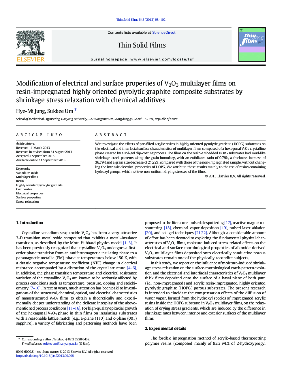 Modification of electrical and surface properties of V2O3 multilayer films on resin-impregnated highly oriented pyrolytic graphite composite substrates by shrinkage stress relaxation with chemical additives