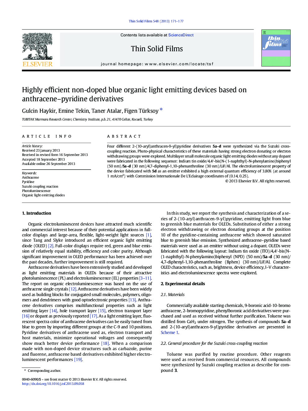 Highly efficient non-doped blue organic light emitting devices based on anthracene–pyridine derivatives