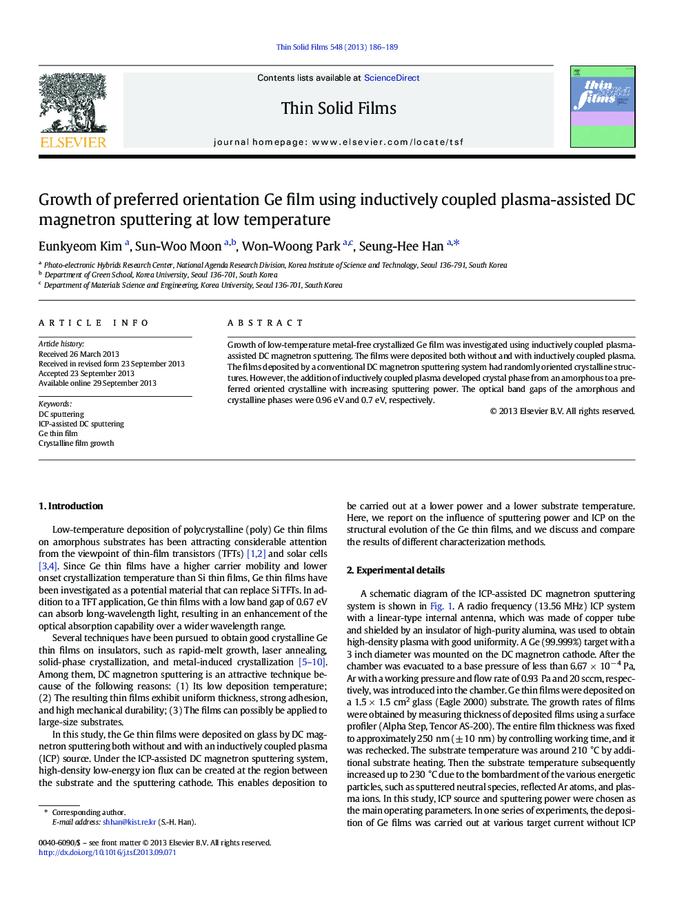 Growth of preferred orientation Ge film using inductively coupled plasma-assisted DC magnetron sputtering at low temperature