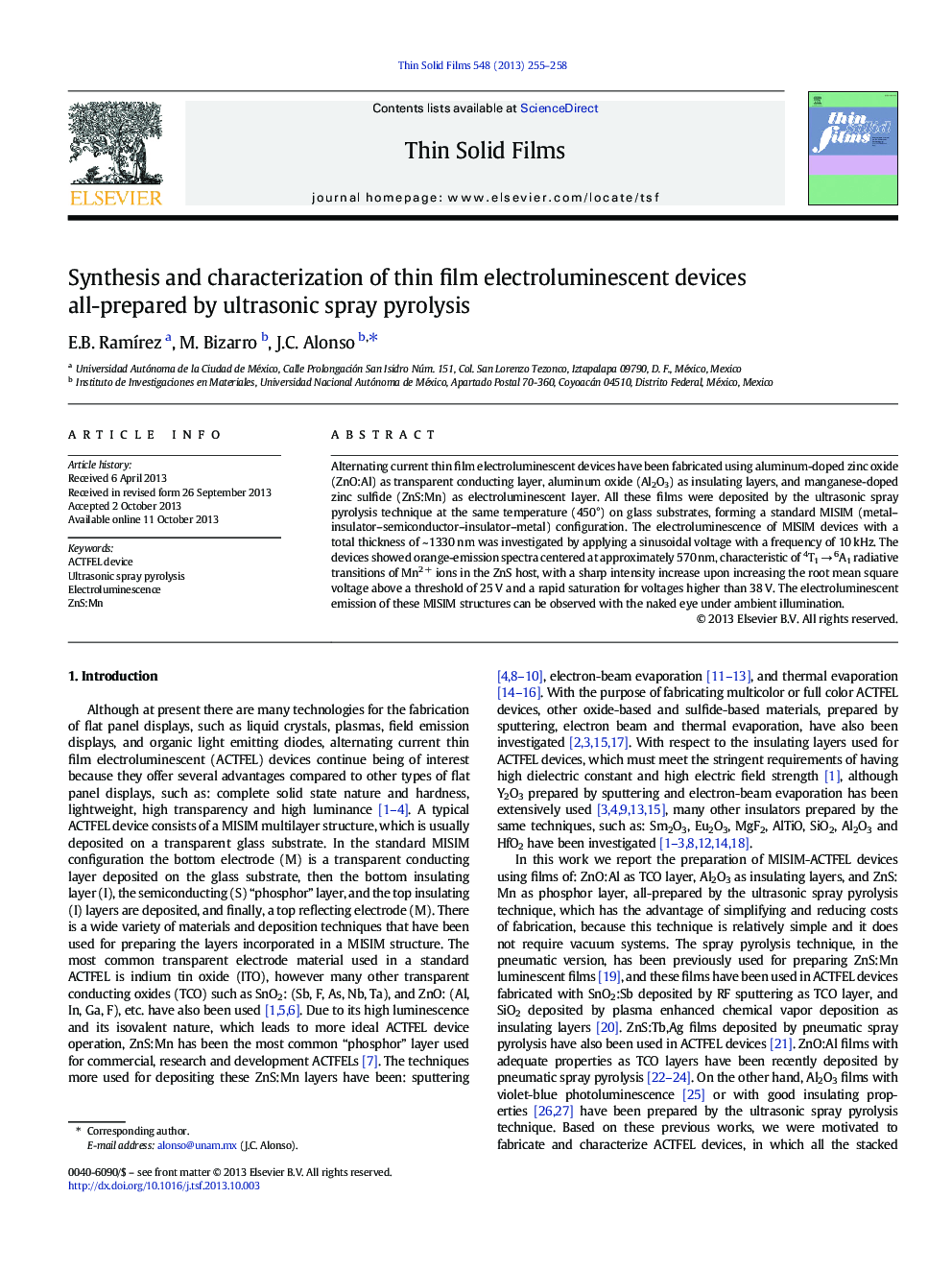 Synthesis and characterization of thin film electroluminescent devices all-prepared by ultrasonic spray pyrolysis