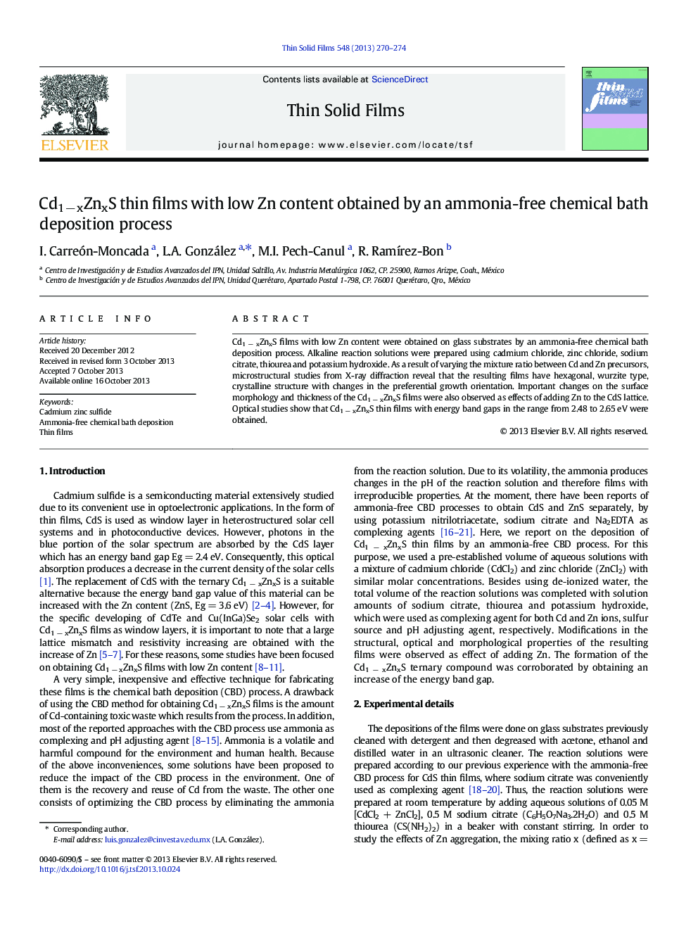 Cd1 − xZnxS thin films with low Zn content obtained by an ammonia-free chemical bath deposition process