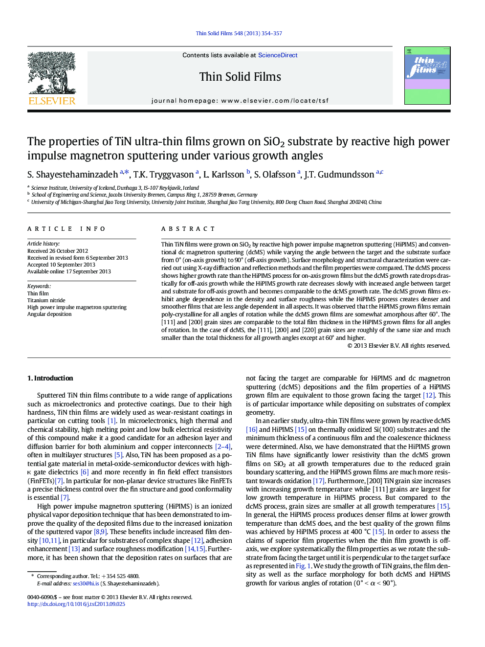 The properties of TiN ultra-thin films grown on SiO2 substrate by reactive high power impulse magnetron sputtering under various growth angles