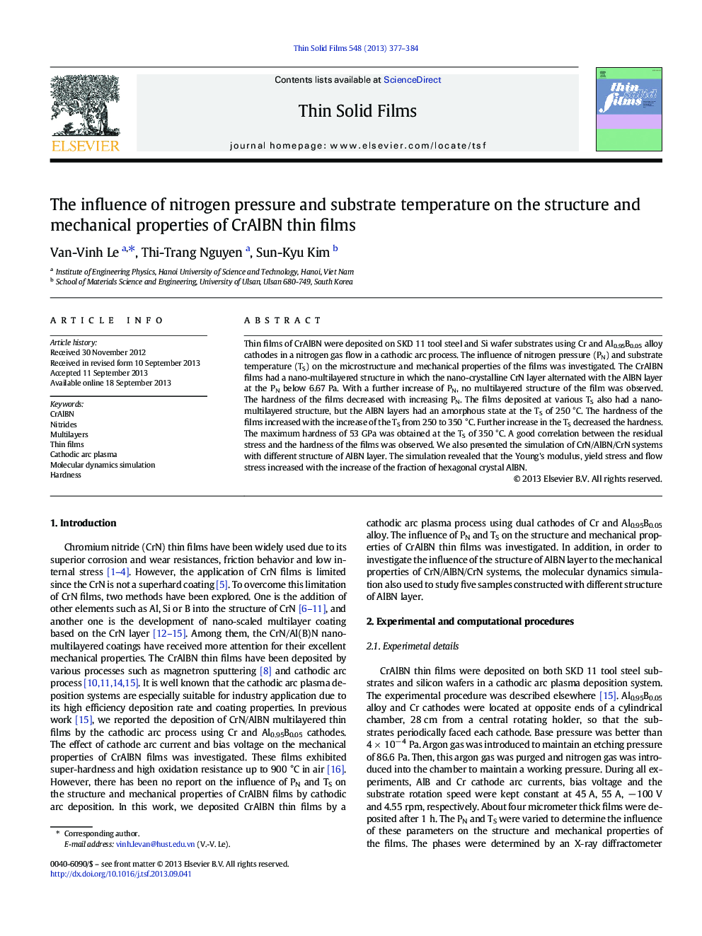 The influence of nitrogen pressure and substrate temperature on the structure and mechanical properties of CrAlBN thin films