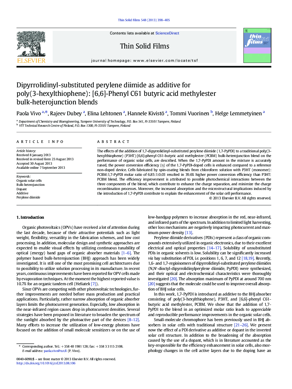 Dipyrrolidinyl-substituted perylene diimide as additive for poly(3-hexylthiophene): [6,6]-Phenyl C61 butyric acid methylester bulk-heterojunction blends