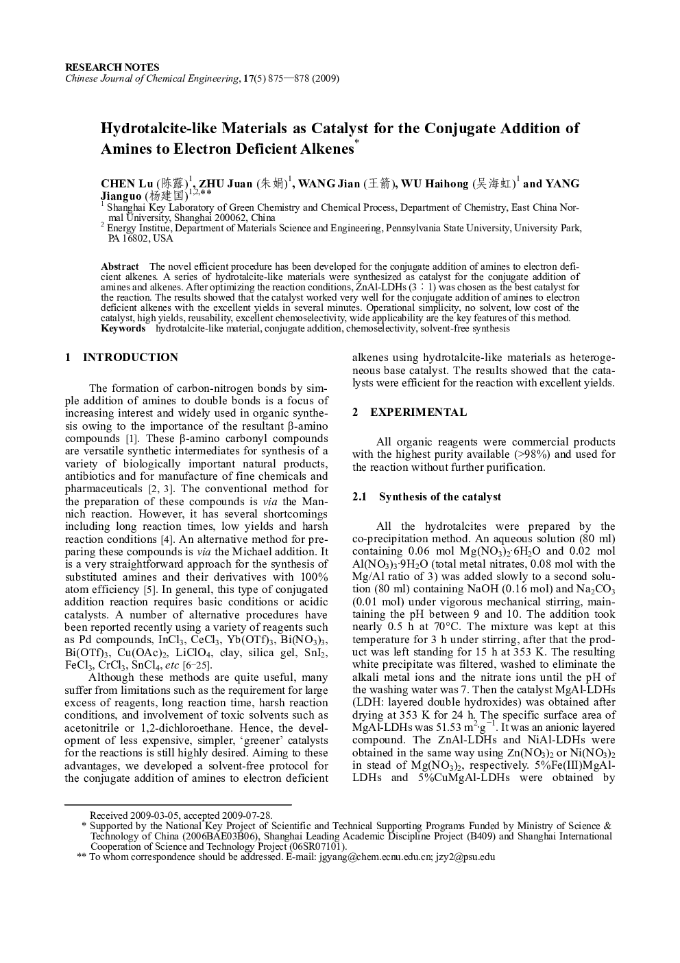 Hydrotalcite-like Materials as Catalyst for the Conjugate Addition of Amines to Electron Deficient Alkenes 