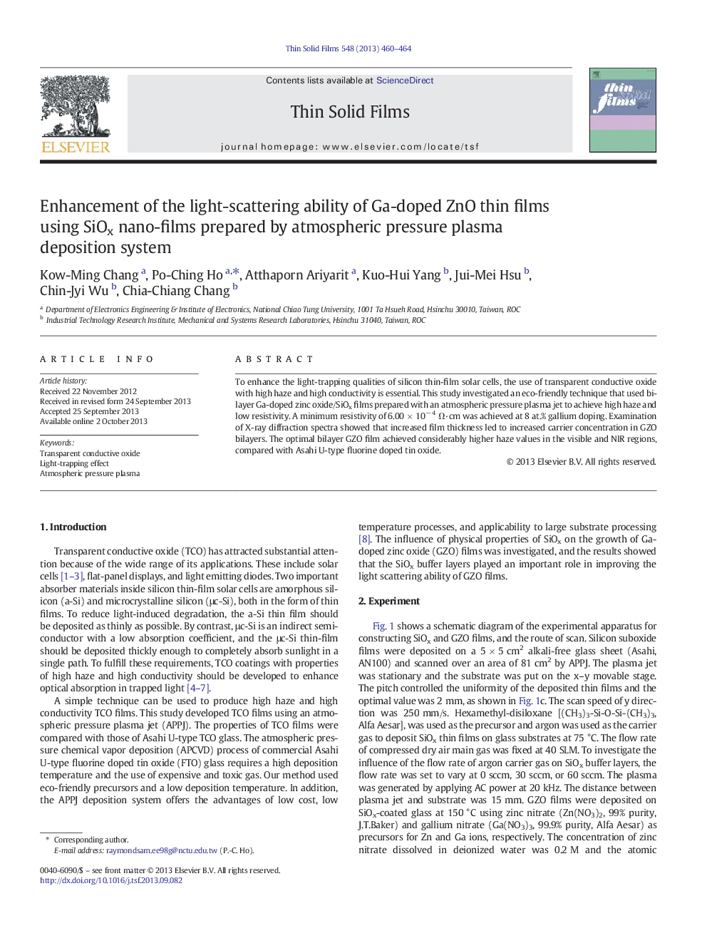 Enhancement of the light-scattering ability of Ga-doped ZnO thin films using SiOx nano-films prepared by atmospheric pressure plasma deposition system