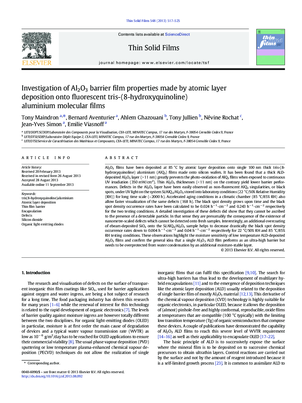 Investigation of Al2O3 barrier film properties made by atomic layer deposition onto fluorescent tris-(8-hydroxyquinoline) aluminium molecular films