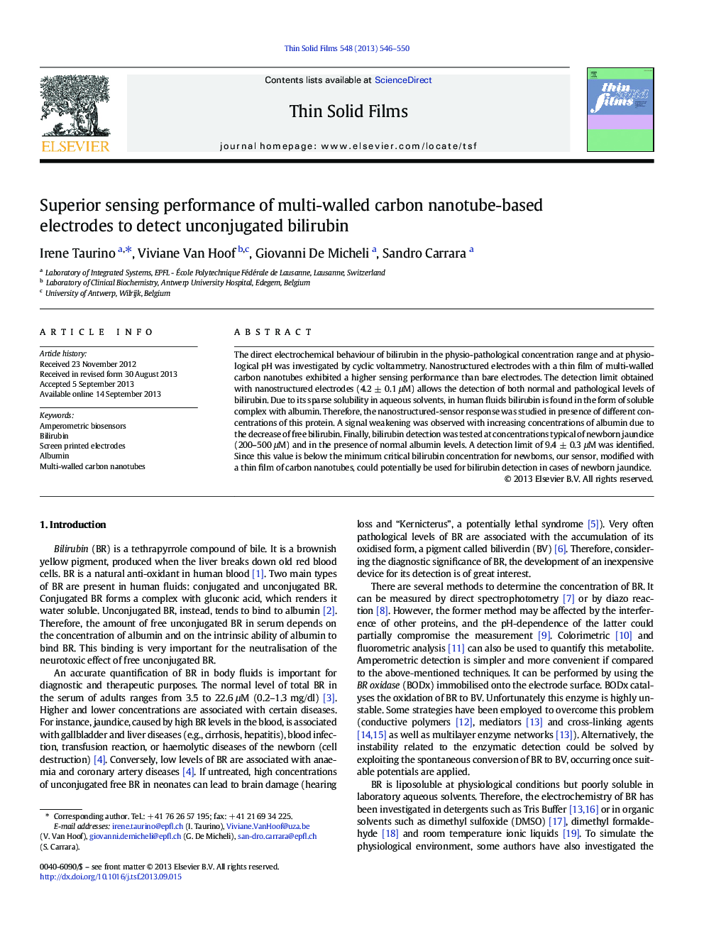 Superior sensing performance of multi-walled carbon nanotube-based electrodes to detect unconjugated bilirubin