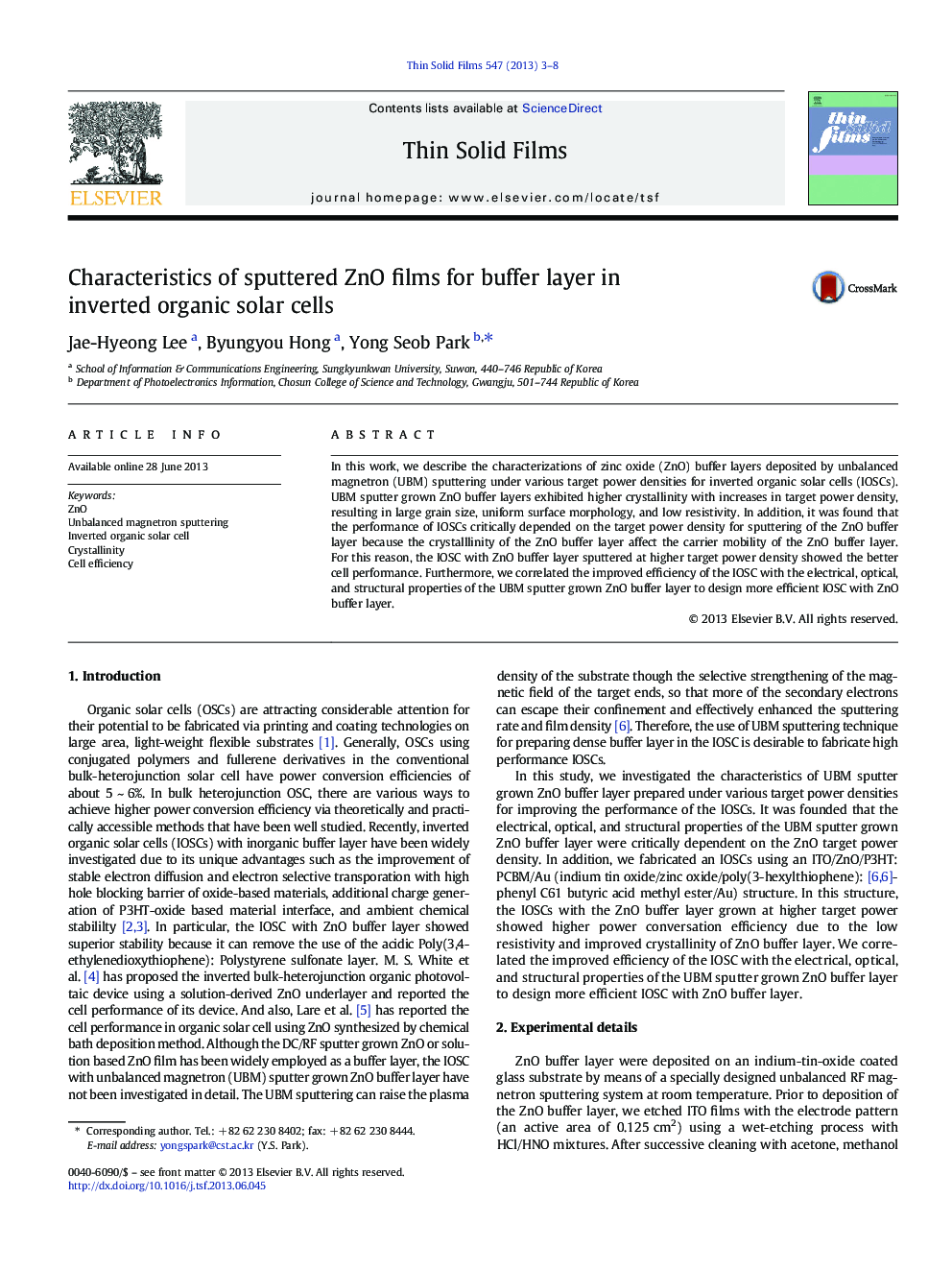 Characteristics of sputtered ZnO films for buffer layer in inverted organic solar cells