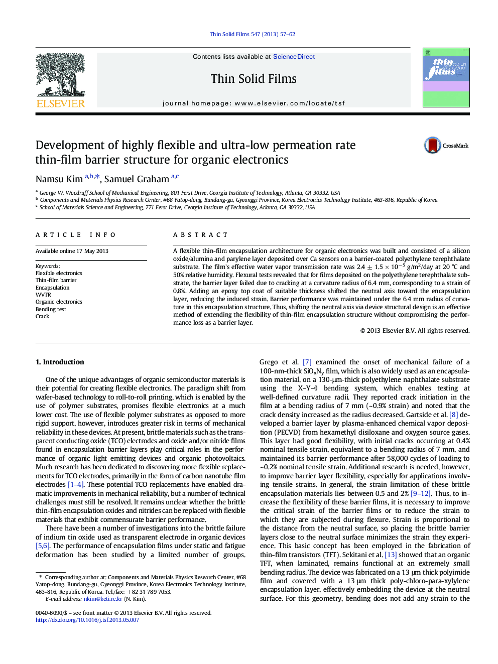عکس صفحه اول مقاله: Development of highly flexible and ultra-low permeation rate thin-film barrier structure for organic electronics Development of highly flexible and ultra-low permeation rate thin-film barrier structure for organic electronics