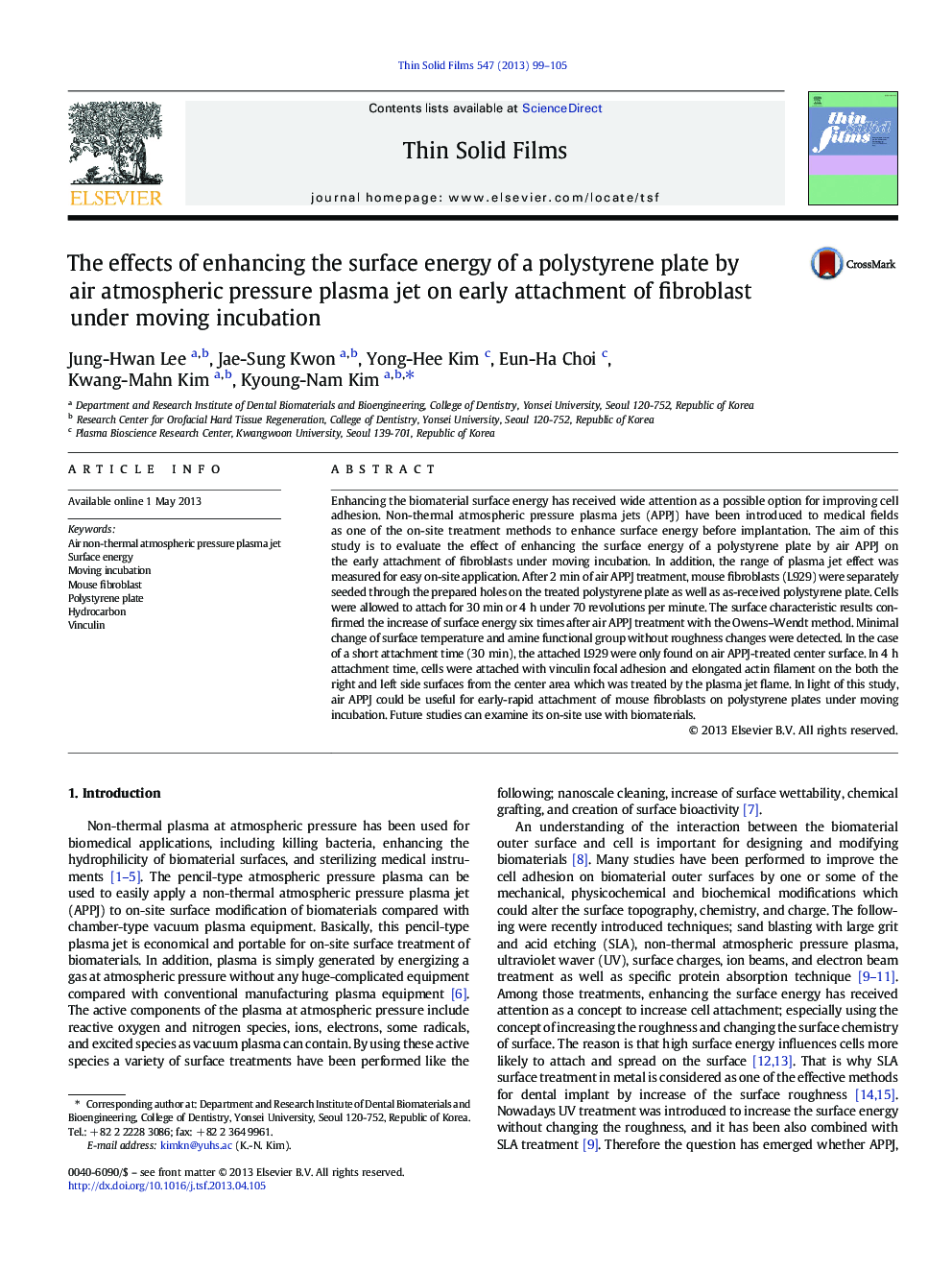 The effects of enhancing the surface energy of a polystyrene plate by air atmospheric pressure plasma jet on early attachment of fibroblast under moving incubation