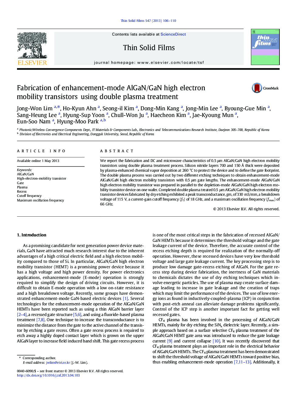 Fabrication of enhancement-mode AlGaN/GaN high electron mobility transistors using double plasma treatment