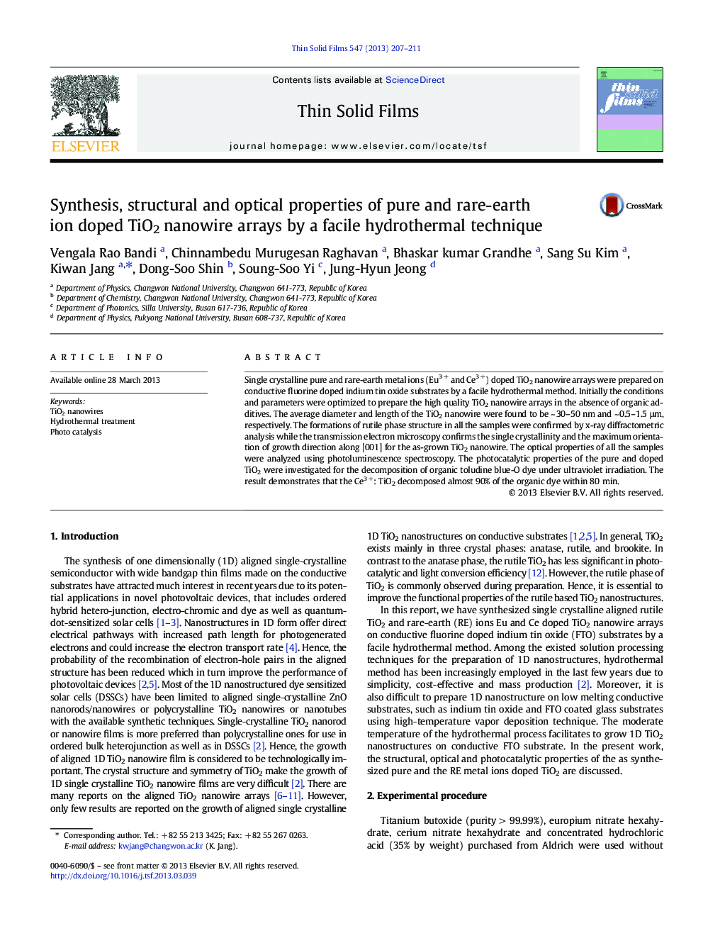 Synthesis, structural and optical properties of pure and rare-earth ion doped TiO2 nanowire arrays by a facile hydrothermal technique