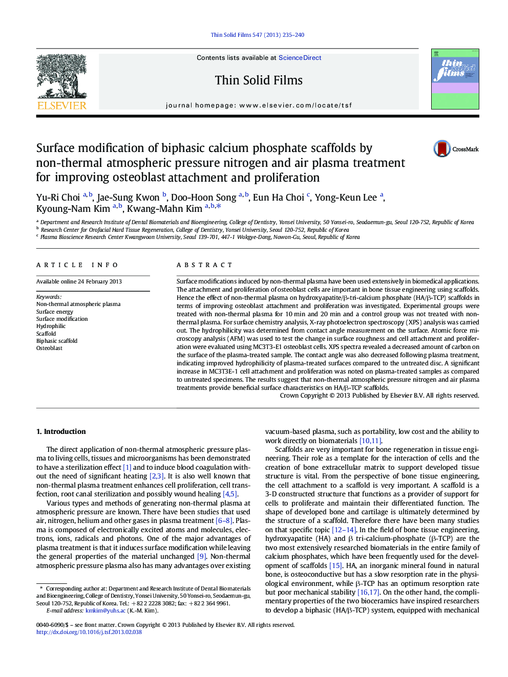 Surface modification of biphasic calcium phosphate scaffolds by non-thermal atmospheric pressure nitrogen and air plasma treatment for improving osteoblast attachment and proliferation