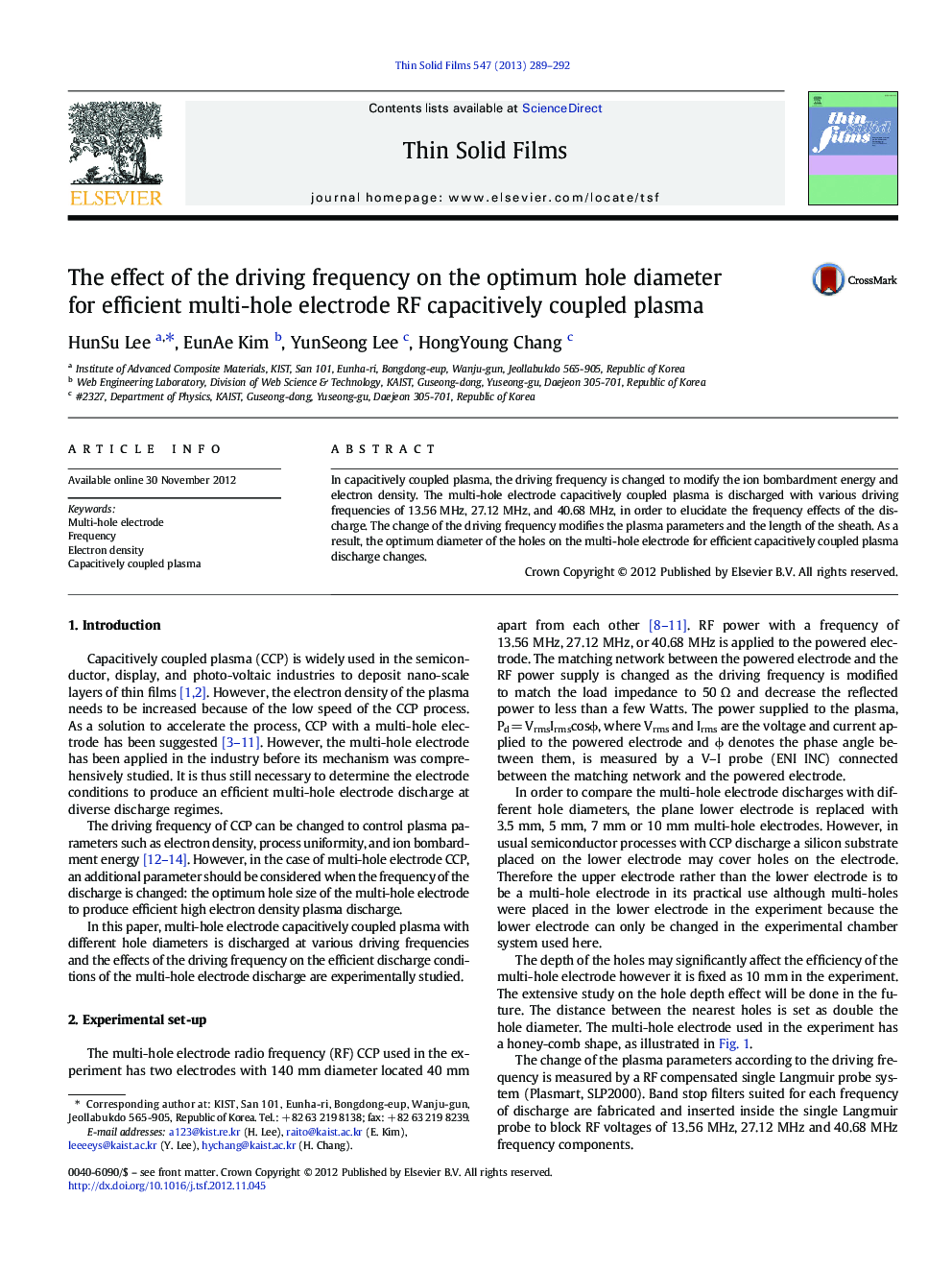 The effect of the driving frequency on the optimum hole diameter for efficient multi-hole electrode RF capacitively coupled plasma