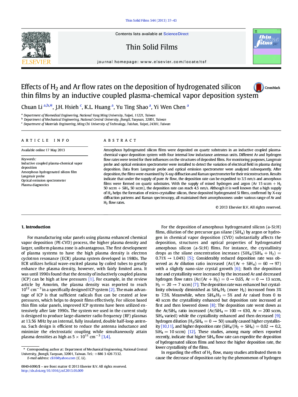 Effects of H2 and Ar flow rates on the deposition of hydrogenated silicon thin films by an inductive coupled plasma-chemical vapor deposition system